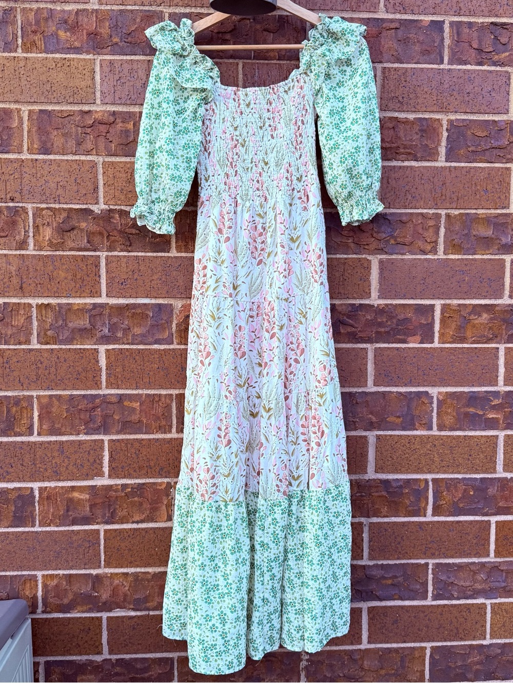 Melloday Eyelet Floral Smocked Puff Sleeve Tiered Maxi Dress Green Pink XS